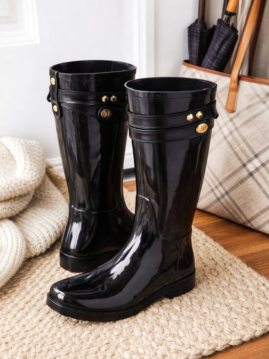 Coach Talia Rain Boots Black Glossy Knee High Rubber Riding Boots Women’s Size 7 - Picture 3 of 12